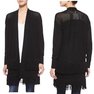 Rebecca Taylor Black Cashmere Wool Blend Fringe Open Front Knit Cardigan